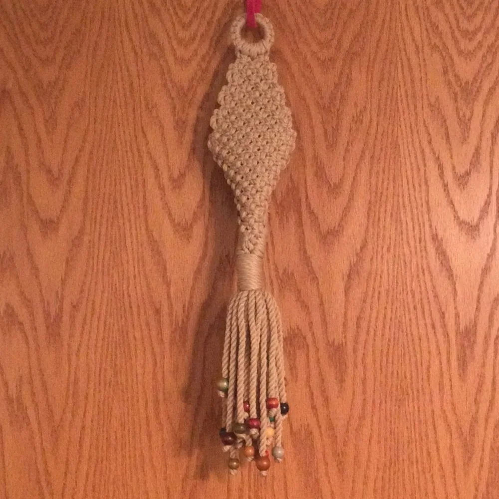 Handmade Vintage Macromae Wall Hanging w/Wooden Beads Opening For Display​